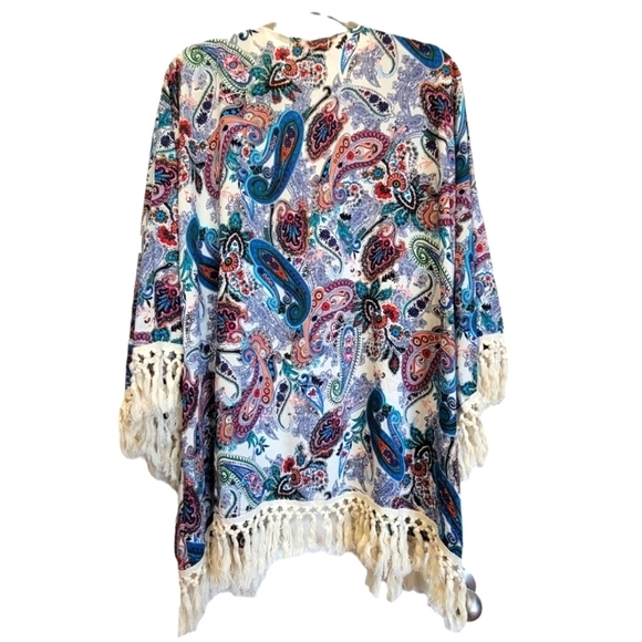 UMGEE 1X/2X Cotton Blend Colorful Paisley Fringed Kimono - Picture 3 of 6